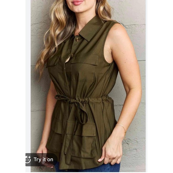 ninexis Jackets & Blazers - Ninexis Womens Olive Green Utility Vest Sleeveless Button Up Cargo Pocket L NEW